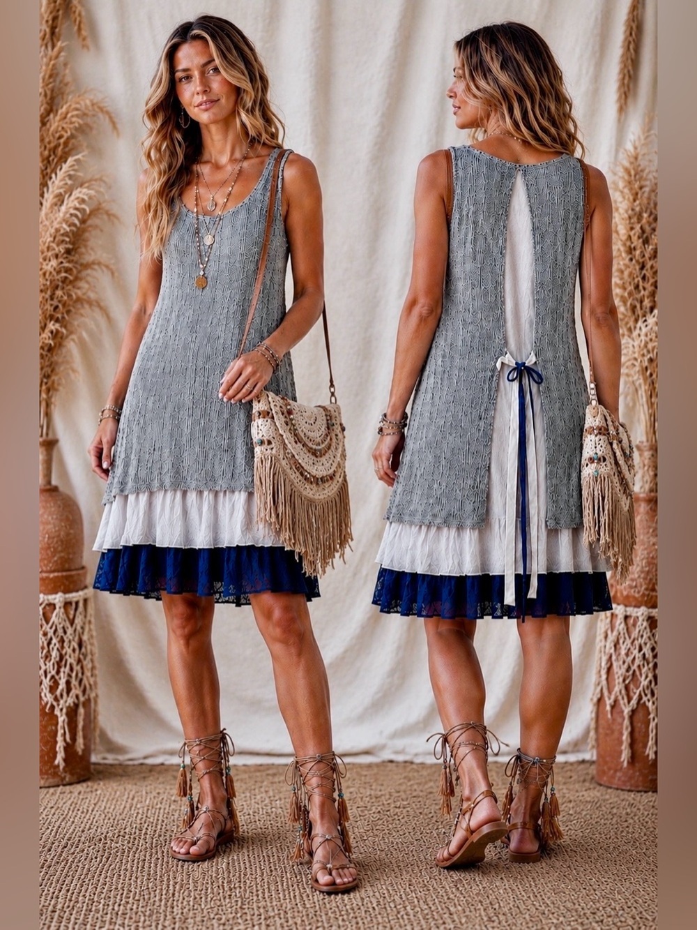 Areve Boho Gray Layered Knit Dress with Chiffon Hem & Open Tie Back, Large